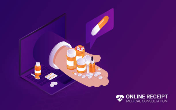 illustrations, cliparts, dessins animés et icônes de concept de magasin de pharmacie - vector vitamin pill purple orange