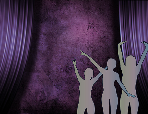 Dancing party girls. Stage curtains background. 3D rendering
