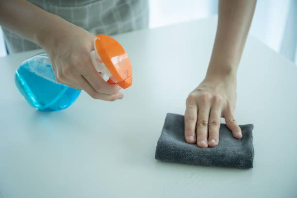 istock Woman - housewife using microfiber with sanitizer to clean table surface. 1392234605