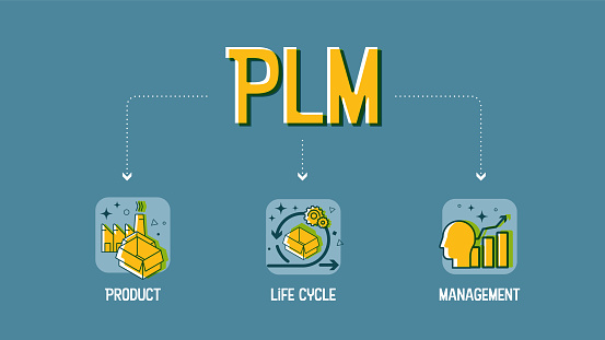 Product Lifecycle Management or PLM concept is an idea of a software information management system that has data, processes, business systems to plan and share innovation into text vector infographic