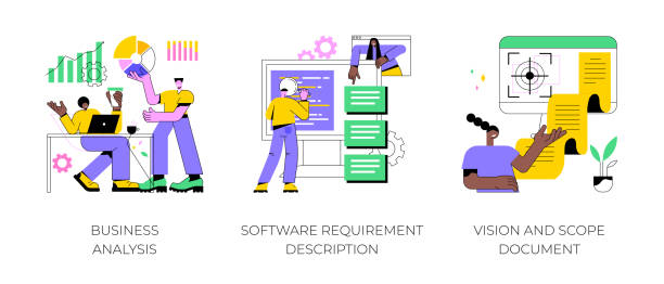 Project development specifications abstract concept vector illustrations. Project development specifications abstract concept vector illustration set. Business analysis, software requirement description, vision and scope document, SWOT analysis, user case abstract metaphor. specifications icon stock illustrations