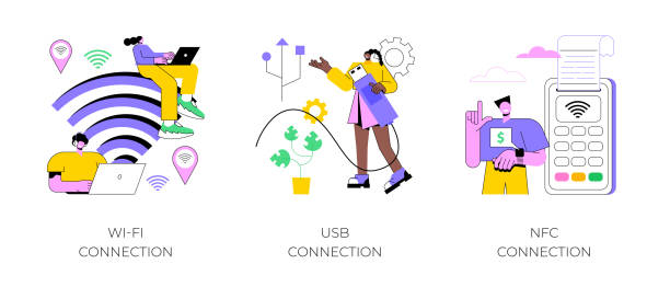 Device connectivity abstract concept vector illustrations. Device connectivity abstract concept vector illustration set. Wi-fi, USB and NFC connection, network access, cable data transfer, hard drive, USB port, contactless card payment abstract metaphor. cartoon of the mobile phone charger stock illustrations