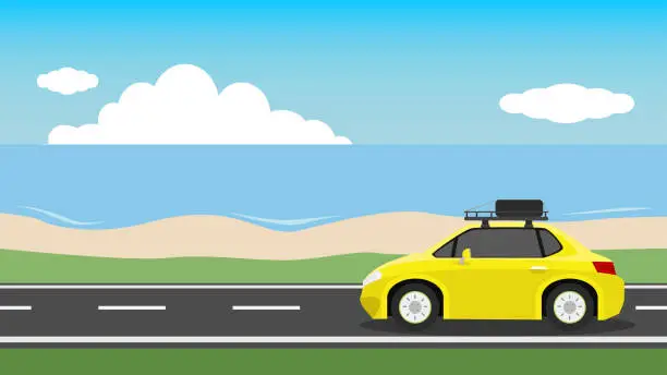 Vector illustration of Traveling cars yellow color. Driving on an asphalt road.