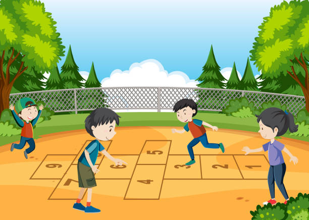 Children playing hopscotch game at the park Children playing hopscotch game at the park illustration hopscotch stock illustrations