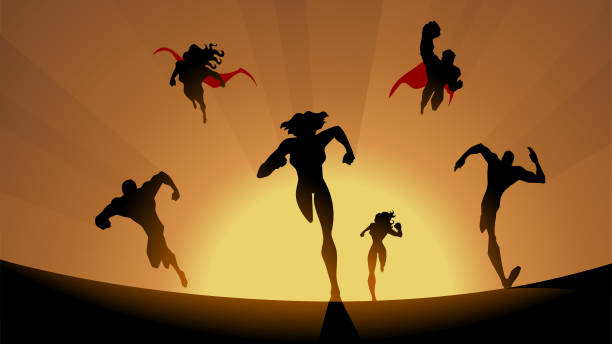 vector superhero team running in silhouette stock illustration - güneş videolar stock illustrations