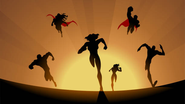 Vector Superhero Team Running in Silhouette Stock Illustration vector art illustration