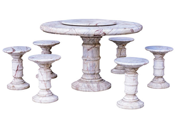istock Antique chinese round marble dining table set with rotating tray isolated on white background 1392250675