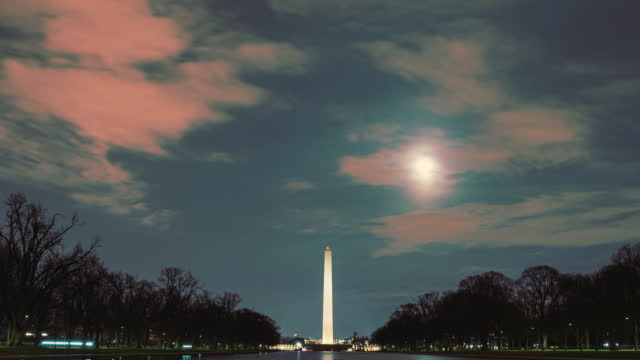 Time Lapse of Washington Monument with Reflecting Pool at nighttime, USA