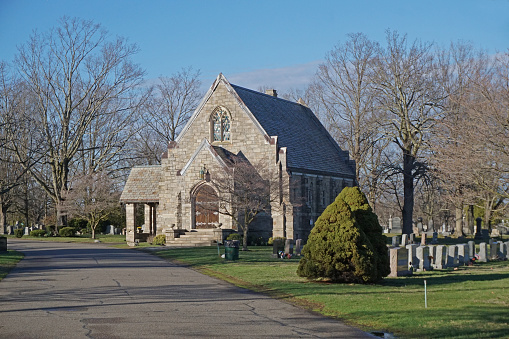 Photograph of a stone chapel in a cemetarty