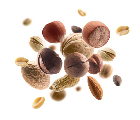 Various nuts levitate on a white background.