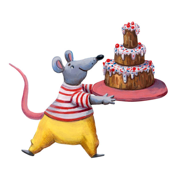 ilustrações de stock, clip art, desenhos animados e ícones de cute illustration mouse with cake. funny character. baby animal. yellow pants. cute fairy tale character. little cartoon rat. character for postcard and prints. gouache painting. birthday cake. - cartoon chef mouse rat