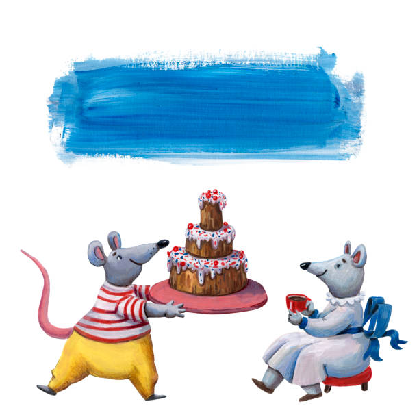 ilustrações de stock, clip art, desenhos animados e ícones de cute illustration mouse with cake. funny character. baby animal. yellow pants. textplace banners. cute fairy tale character. little cartoon rat. character for postcard and prints. gouache painting. birthday cake. - cartoon chef mouse rat