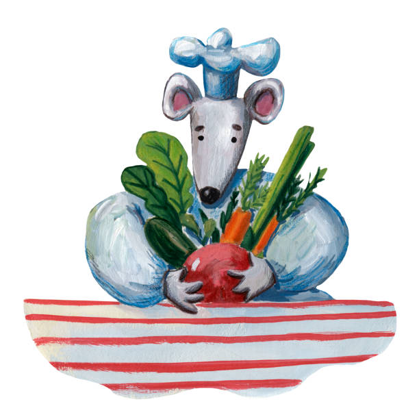 ilustrações de stock, clip art, desenhos animados e ícones de cute gouache illustration of mouse. mouse chef. kitchen art. mouse in hat. cuisine illustration. kitchen clipart. funny cartoon style, hand drawn art. rat in cooking hat. restaurant profession. - cartoon chef mouse rat