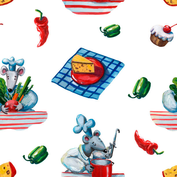 ilustrações de stock, clip art, desenhos animados e ícones de cute gouache food pattern. green and red peppers and cheese. pizza ingredients. cute rat. organic food. healthy meal. mouse chef. kitchen background. fresh tasty vegetable. tasty cooking. - cartoon chef mouse rat