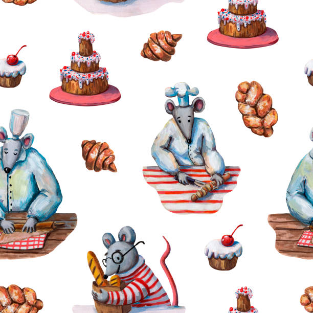 ilustrações de stock, clip art, desenhos animados e ícones de cute gouache food pattern. red bowls and cakes. bakery sweets. cute rat. chef hat. mouse chef. kitchen background. fresh tasty vegetable. tasty cooking. - cartoon chef mouse rat