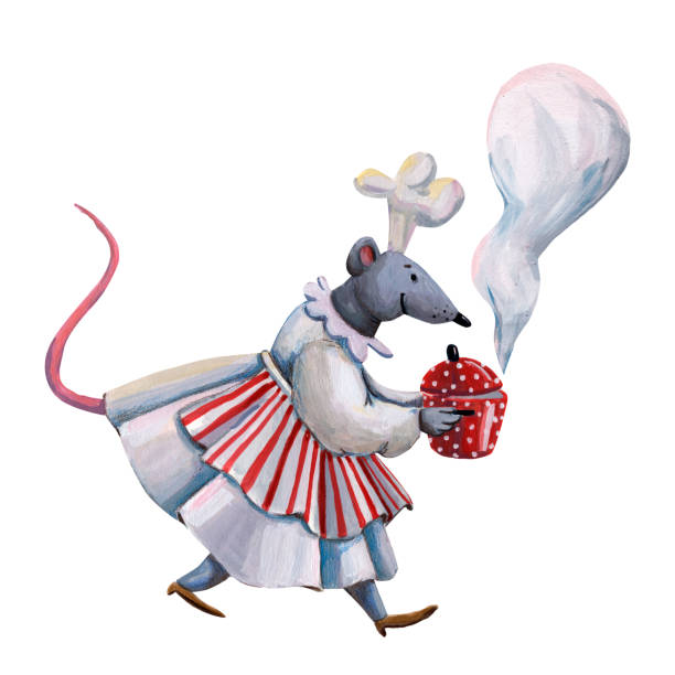 ilustrações de stock, clip art, desenhos animados e ícones de cute gouache illustration of mouse. mouse chef. kitchen art. mouse in hat. cuisine illustration. kitchen clipart. funny cartoon style, hand drawn art. rat in cooking hat. restaurant profession. - cartoon chef mouse rat