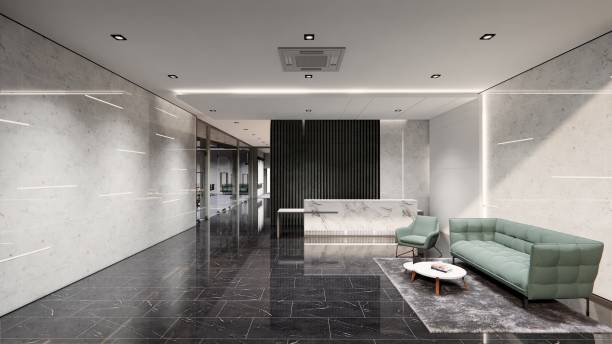 istock Modern and luxurious Offices lobby interior area with elevators and stairs. Long reception desk. green marble wall tiles decoration. 3d rendering 1392258084