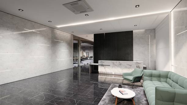 istock Modern and luxurious Offices lobby interior area with elevators and stairs. Long reception desk. green marble wall tiles decoration. 3d rendering 1392258098