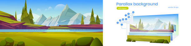 Parallax background with mountain valley and river Mountain valley with river, green grass and firs. Vector parallax background ready for 2d animation with cartoon illustration of summer landscape with water stream, conifers and rocks swedish summer stock illustrations