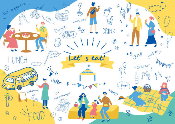 ilustrações de stock, clip art, desenhos animados e ícones de set illustration of food icons and eating people - toast coffee