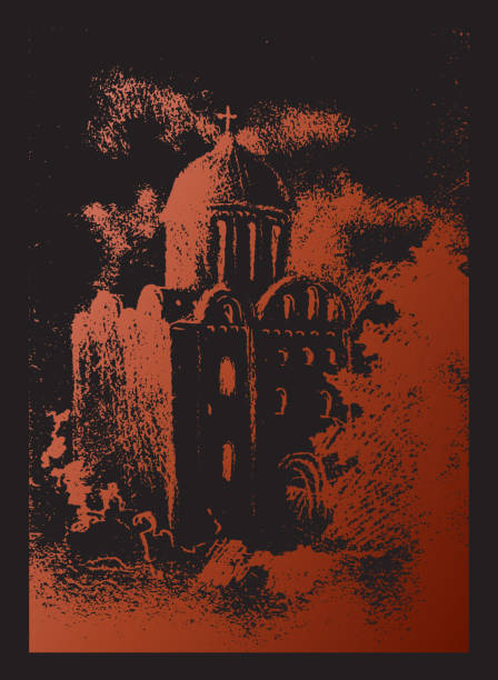 黒い背景にチェルニーヒフ�の古代大聖堂教会の建物とヴィンテージの手描き鉛筆スケッチ風景のベクトルトレース赤い描画 - cross hatching点のイラスト素材／クリップアート素材／マンガ素材／アイコン素材