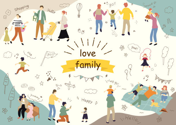 ilustraciones, imágenes clip art, dibujos animados e iconos de stock de conjunto ilustración de la familia y las personas - viajes familiares