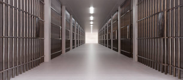 prison facility interior. jail cell, empty corridor. conviction and incarceration, 3d render - prison stockfoto's en -beelden