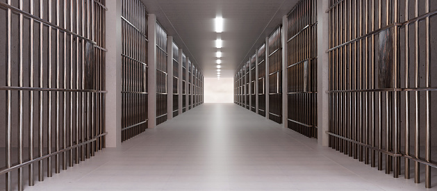 Prison facility hall interior, jail cell with metal bars and empty building corridor, dark background. Conviction and incarceration concept, 3d render