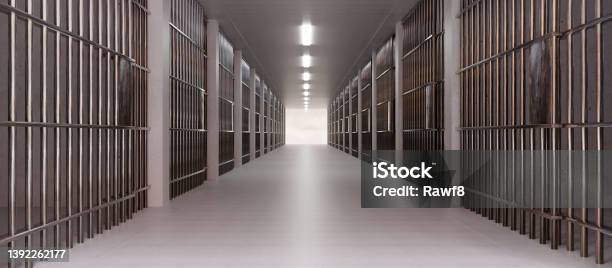 Prison Facility Interior Jail Cell Empty Corridor Conviction And Incarceration 3d Render Stock Photo - Download Image Now