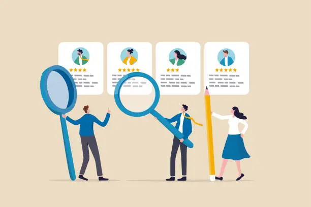 Vector illustration of Recruitment hiring process to choose candidate to fit job position, HR Human Resources recruiting people fill in vacancy concept, business people HR with magnifier to choose choose candidate resume.