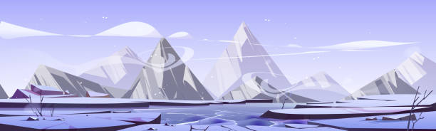 bildbanksillustrationer, clip art samt tecknat material och ikoner med winter landscape with frozen lake and mountains - fjäll sjö sweden