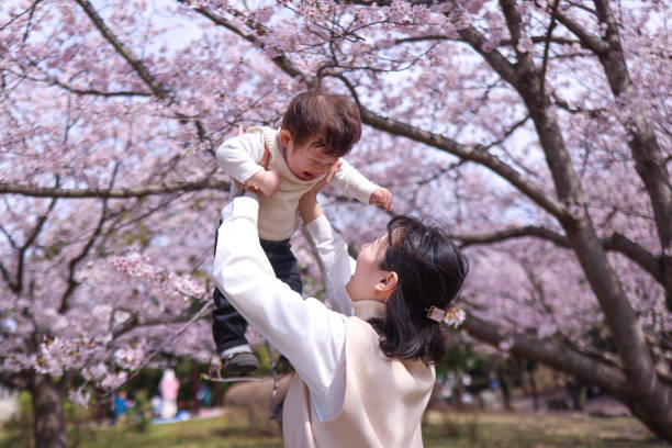 istock Young mother and son having fun under cherry blossoms 1392264689