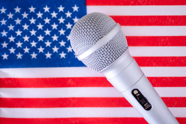 istock Microphone with national flag on background series - United States 1392265793