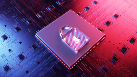 Cyber security concept. Padlock icon on digital technology   background. Illustrates cyber data security or information privacy idea in mother server is processing the data. 3d rendering