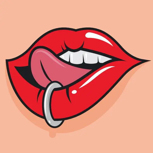 Vector illustration of pierced lips and sticking out tongue vector illustration design template