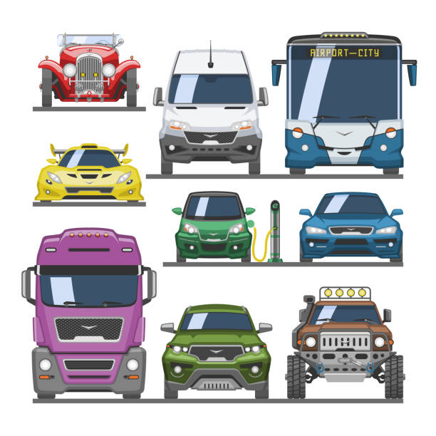 ilustrações, clipart, desenhos animados e ícones de vetor de carro visão dianteira auto entrega transporte offroad veículo de veículo sportcar conjunto de ilustração de caminhão de carga e simulação citycar ilustração isolada em fundo branco - truck semi truck pick up truck car transporter