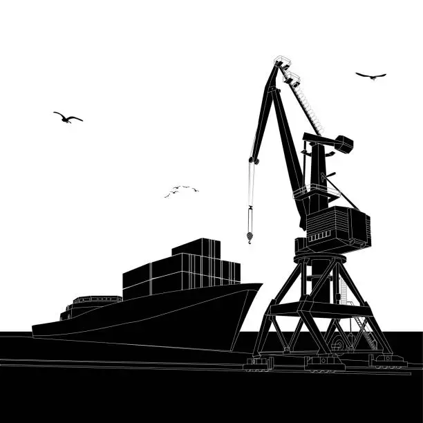 Vector illustration of Silhouette large cargo crane and ship with containers in port.