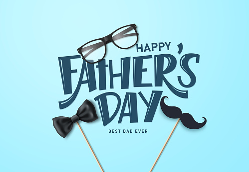 Happy father's day vector background design. Father's day greeting text with sunglasses, bow tie and mustache elements for card decoration. Vector illustration.