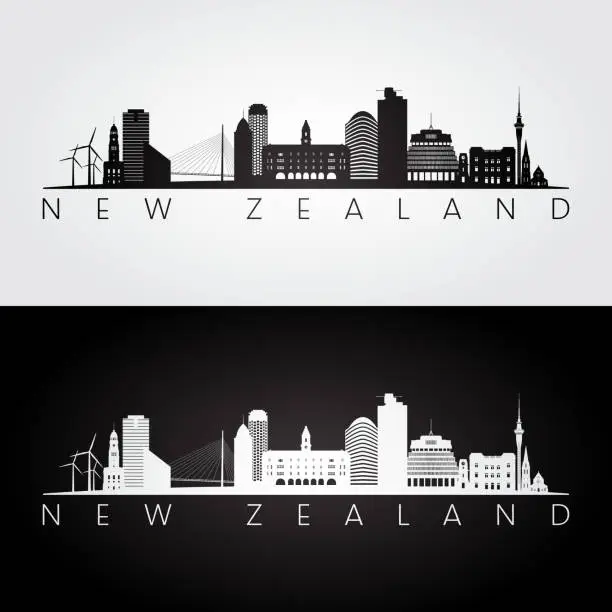 Vector illustration of New Zealand skyline and landmarks silhouette, black and white design, vector illustration.