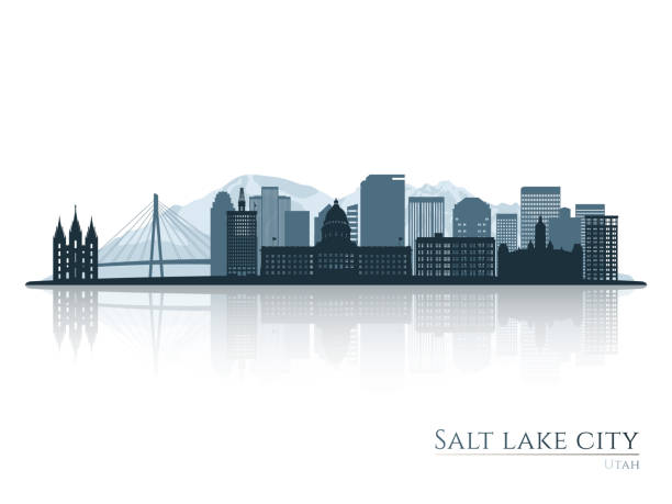 illustrazioni stock, clip art, cartoni animati e icone di tendenza di silhouette dello skyline di salt lake city con riflessi. paesaggio salt lake city, utah. illustrazione vettoriale. - salt lake city illustrations