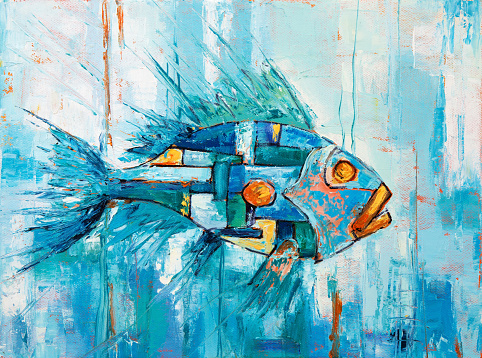 Original oil painting showing abstract fish on canvas. Modern Impressionism, modernism,marinism