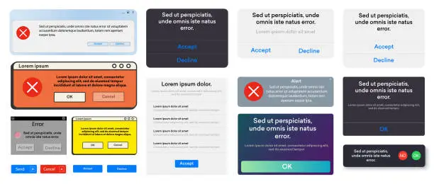 Vector illustration of Various notification window templates. The layout of the smartphone warning or message interface. Windows of websites and applications. Vector illustration