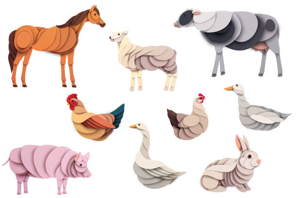 istock Set of farm animals silhouette isolated on white background. Creative 3d design concept in cartoon paper cut style. Collection minimal character. Modern geometric vector illustration. 1392277089