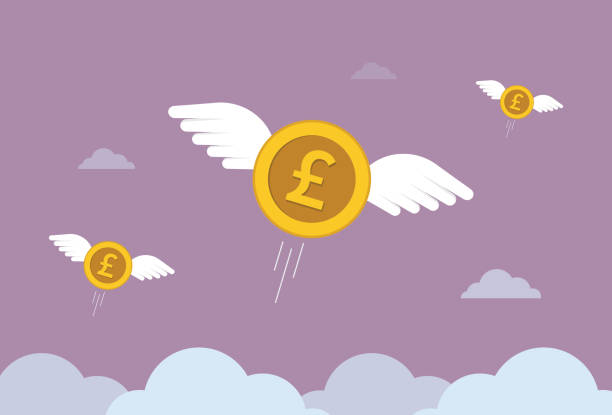 UK pound coin flies in the sky Finance, Inflation, British currency, Deflation, Investment, Growth, Cash flow british coins stock illustrations