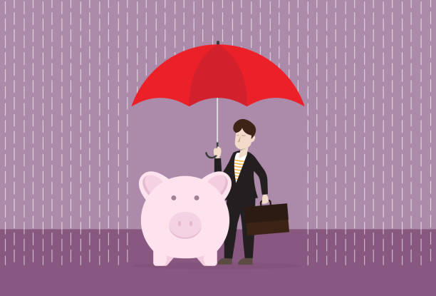 бизнесмен защищает денежные сбережения - security umbrella rain currency stock illustrations