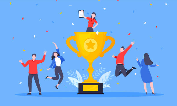 Employee recognition or proud workers of the month business concept flat style design vector illustration. Employee recognition or proud workers of the month business concept flat style design vector illustration. Young adult people jump in the air with trophy cup. employee encouragement stock illustrations