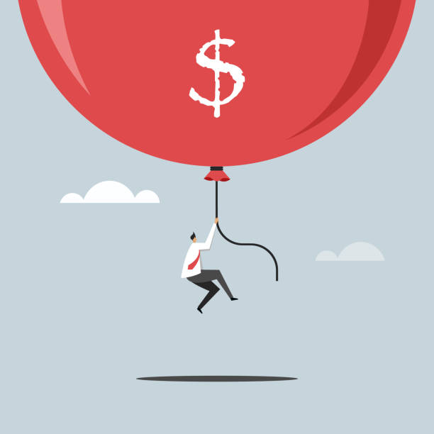 Conceptual illustration of a businessman flying high with a inflated balloon Conceptual illustration of a businessman flying high with a inflated balloon inflation stock illustrations