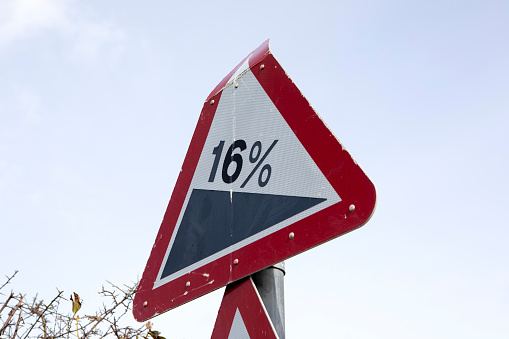 British road sign indicating a steep decline of 16% to a hill