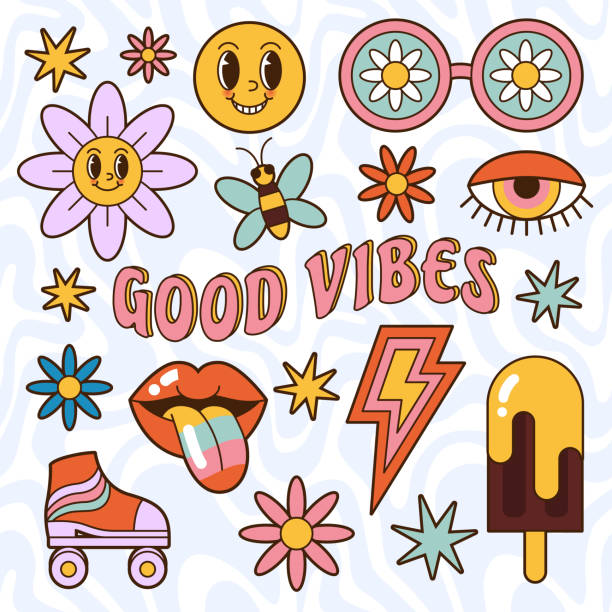 stockillustraties, clipart, cartoons en iconen met set of 70s vibe groovy hippie elements and stickers. - rolschaatsen ijs of rolschaatsen