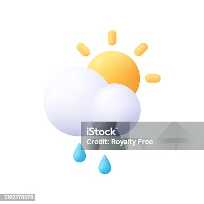 istock Sun and cloud with rain drops. Weather concept. 3d vector icon. Cartoon minimal style. 1392278078